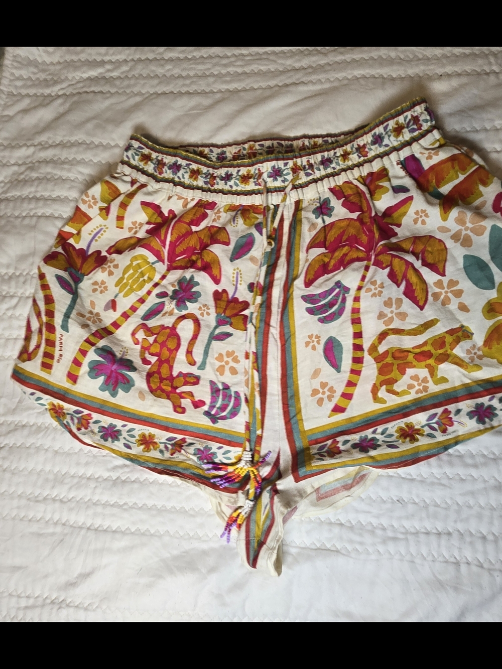 FARM Rio White Tropical Palm Print Drawstring Shorts